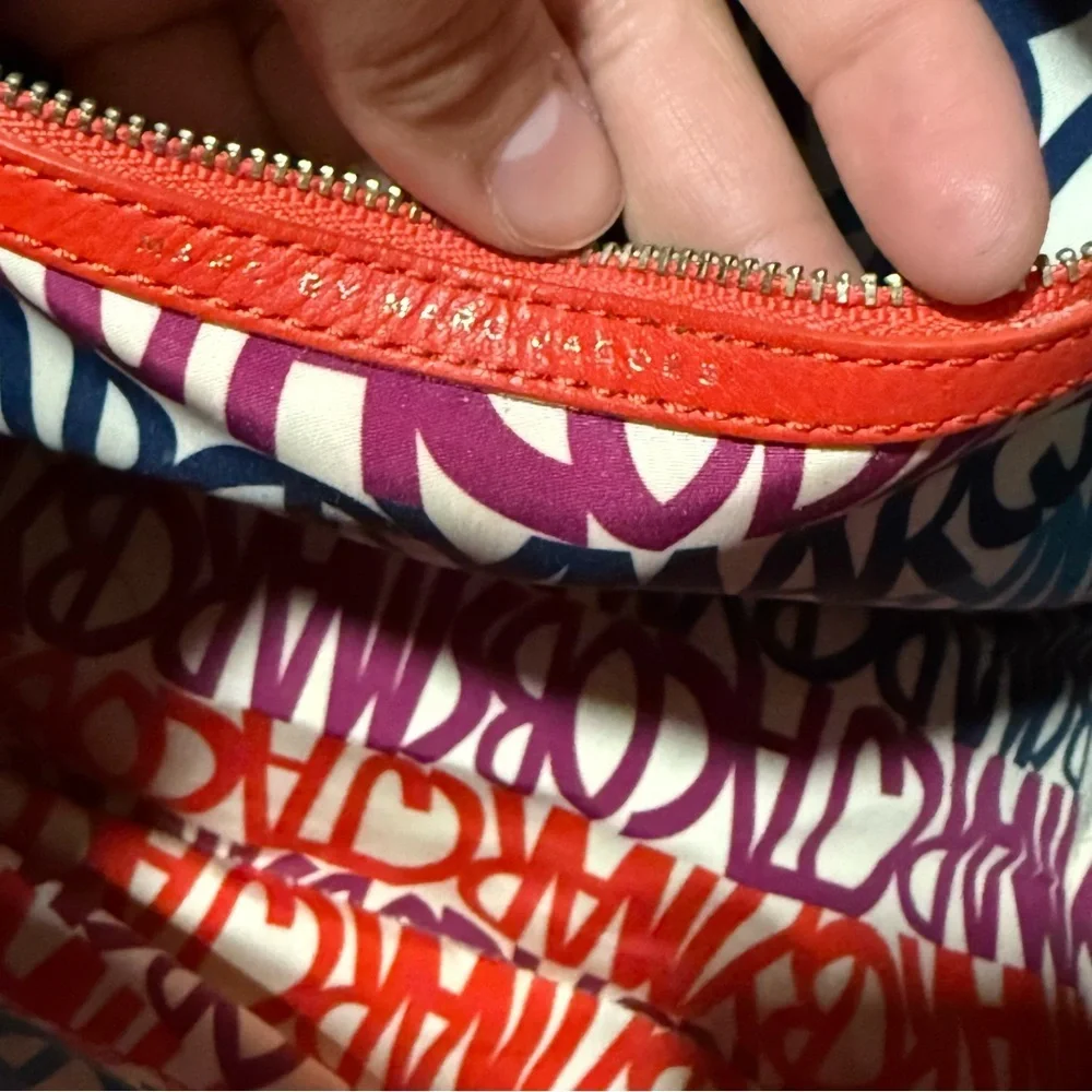 MARC JACOBS Large Tote SAMI Red Orange Navy Woven Weaved w/ Leather Trim Handle